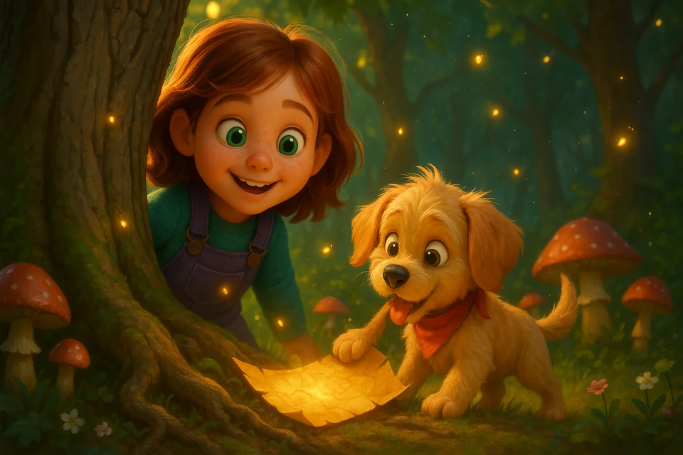 Sample page — discovering a magic map in the enchanted forest