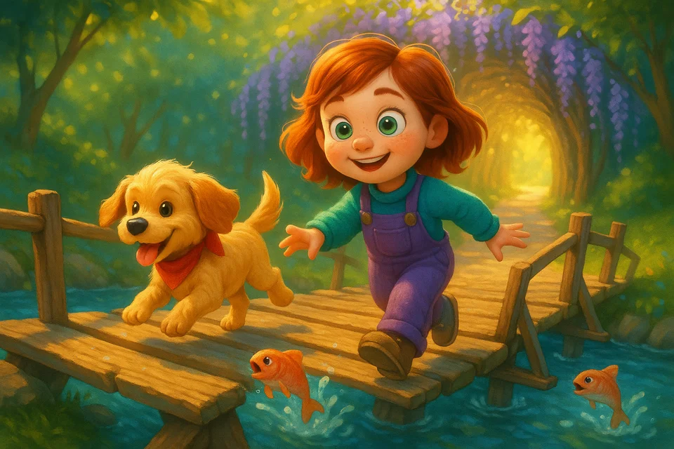 Sample page — crossing a bridge over a sparkling stream